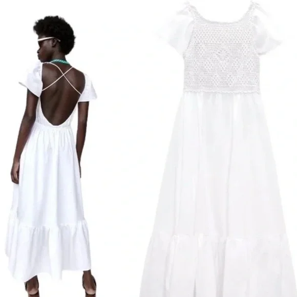 Zara White Crocheted Open Back Maxi Dress - Picture 2 of 8